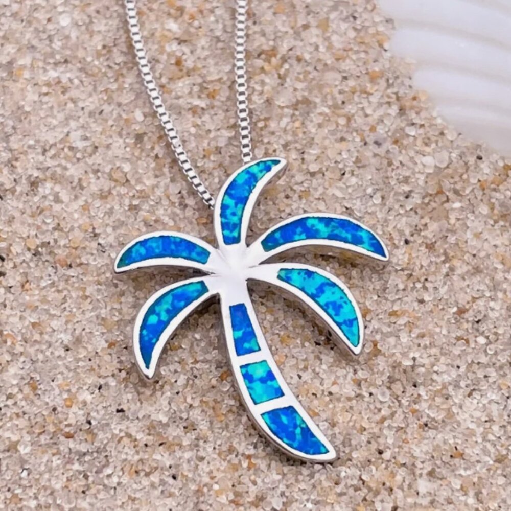Sterling Silver Blue Fire Opal Palm Tree Necklace